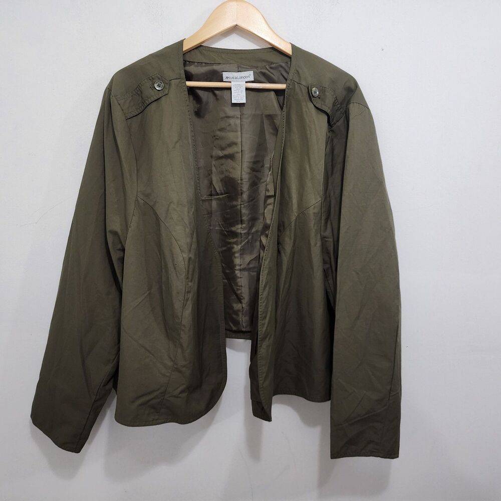 Jessica London Cropped Military Open Shawl Front Jacket Camo Green Plus Size 26